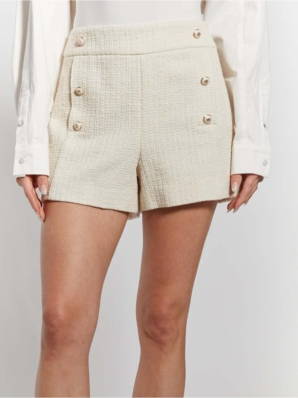 Oat New York Cream Tweed High-Waist Button-Front Shorts Size 27
